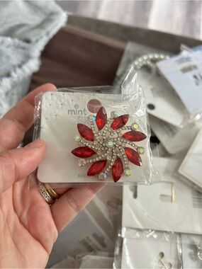 4/$50 Mint Red Crystal Floral Pin Brooch